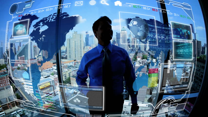 Young male Caucasian businessman in silhouette using financial investment business communications touchscreen motion graphics technology