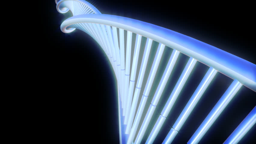 Pan across blue coloured DNA double helix molecule showing base pair interactions and phosphodiester backbone