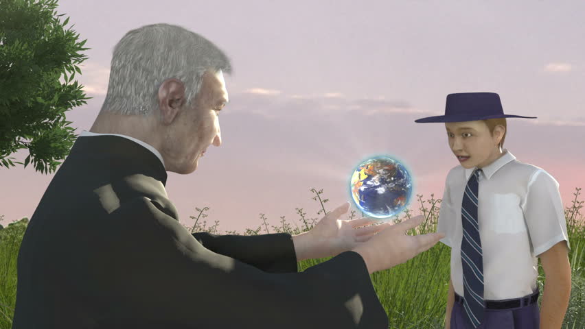 Elderly teacher man offering guidance and wisdom to young school boy walking through field meadow with light rays and spinning glowing globe world in hands beauty and wonder passing knowledge 