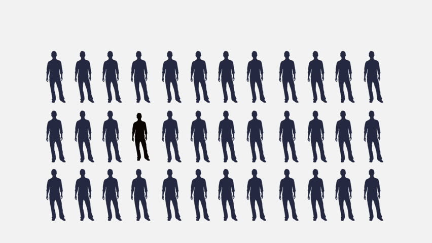 animation of group of men, one to be randomly selected, then transitions to selected turning red and others fading from black to grey then white while individual zooms in where infected by virus