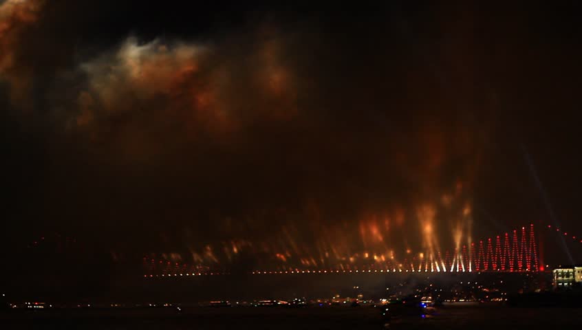 Light beams over Bosporus Bridge on October, 29 Festival Day in Istanbul, Turkey. Bosporus Bridge during the light show
