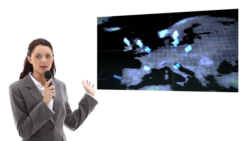 Woman presenting a video on global business with graph chart