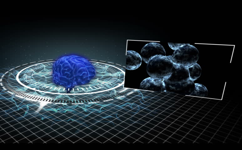 Animation showing various medical clips coming from revolving brain on blue and black background