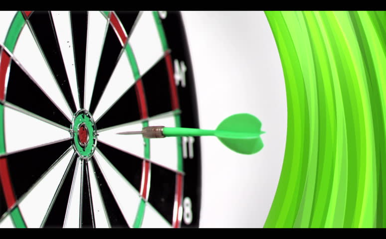 Slow-motion arrow flying at dartboard with appearing chroma keys on white background