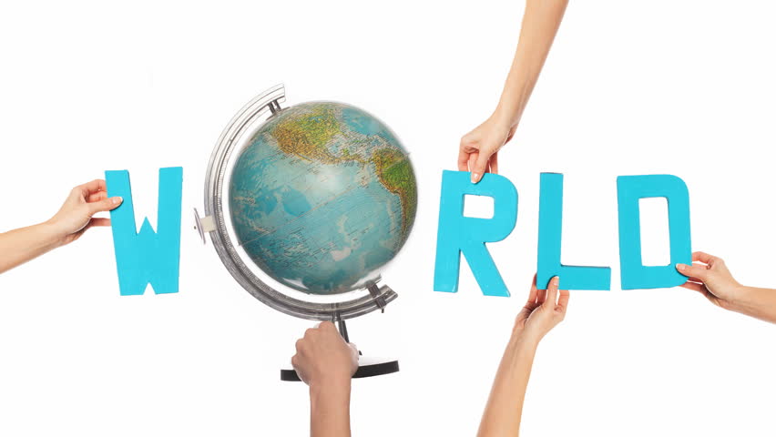 Text for WORLD with a spinning globe for the O