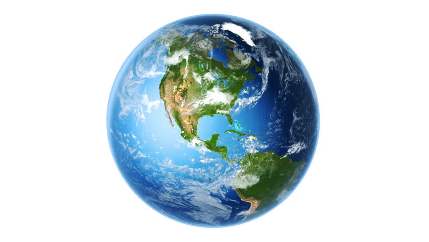 Realistic Earth Rotating on White (Loop). Globe is centered in frame, with correct rotation in seamless loop. Texture map courtesy of NASA.