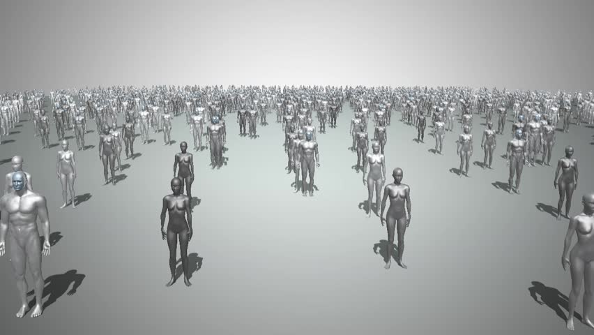 Group of thousands of grey 3D human man and woman anatomical models dispersed amongst white background zooming into a small group then isolating on individual expressing emotions of worry and distress