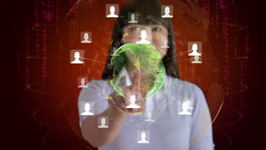 Woman touches a screen to reveal an animation of her social network