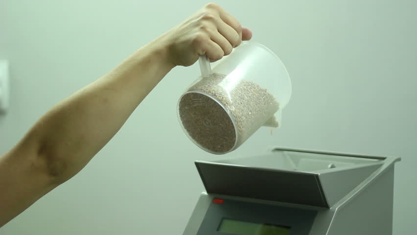 Laboratory Testing -Wheat Seed Quality Control.
Women's hand pouring wheat into grain moisture tester. HD1080p.