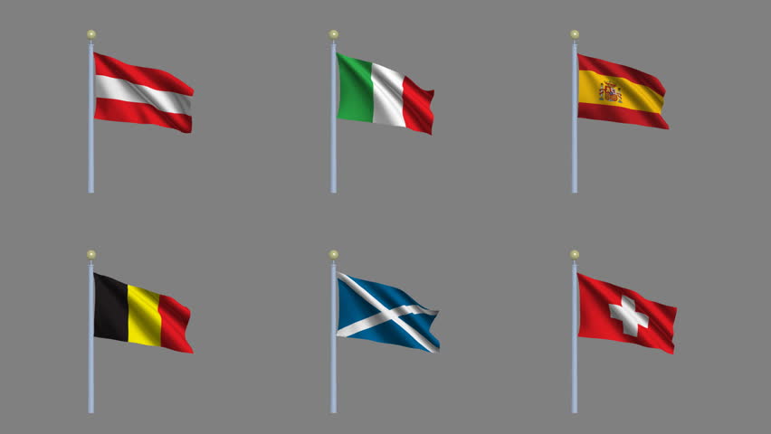Set of six country flags with alpha matte. Upper row from left to right: Austria, Italy and Spain. Lower row: Belgium, Scotland and Switzerland.