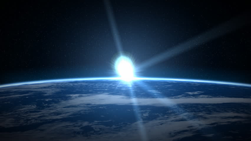 Earth sunrise - Big blue earth on starry background with sun rising over ocean horizon.