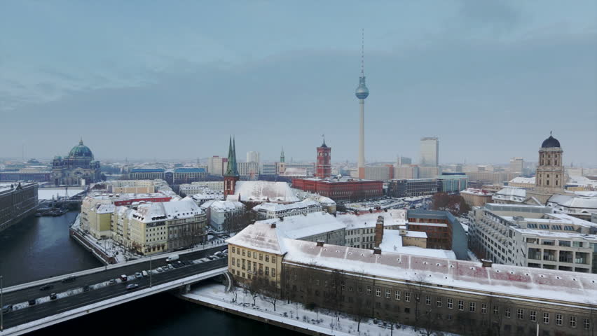 Berlin Skyline Winter City with snow and blue sky in Full HD 1080p, German Capital and famous landmark in Berlin, Germany, Europe