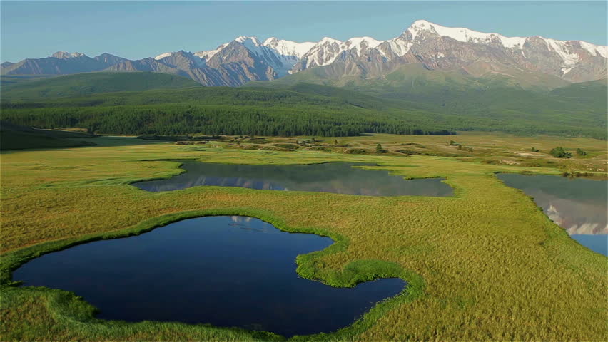 flight above mountain lake
