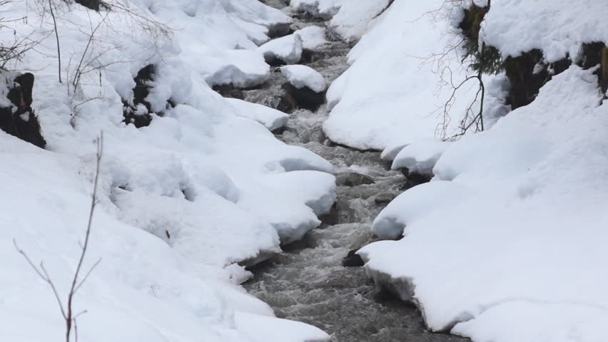 Water flowing thru a snowy landscape