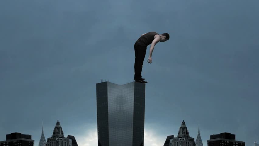 man climbs skyscraper. city superhero. surreal powerful illusion.