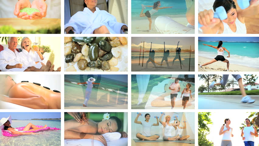Montage images of luxury senior and female lifestyles of spa treatments, yoga, exercise & recreation in beautiful places