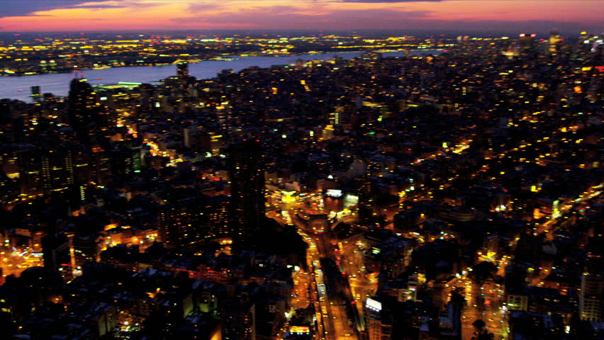 Aerial illuminated view sunset One World Trade Center, Downtown Financial District, Manhattan, New York, USA