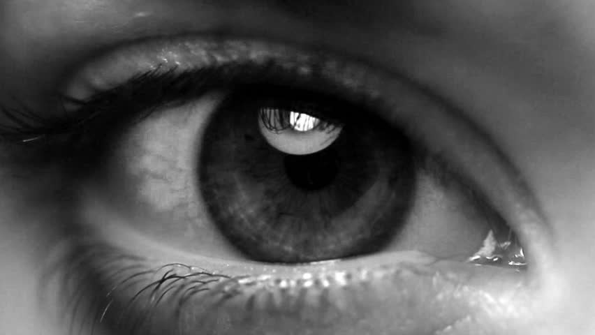 Woman eye close-up, looking around and blinking, black and white