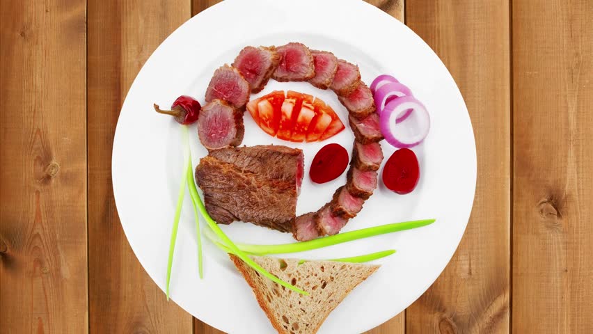 meat savory : roasted bbq meat served on white plate with tomatoes sprouts and bread slow motion hidef