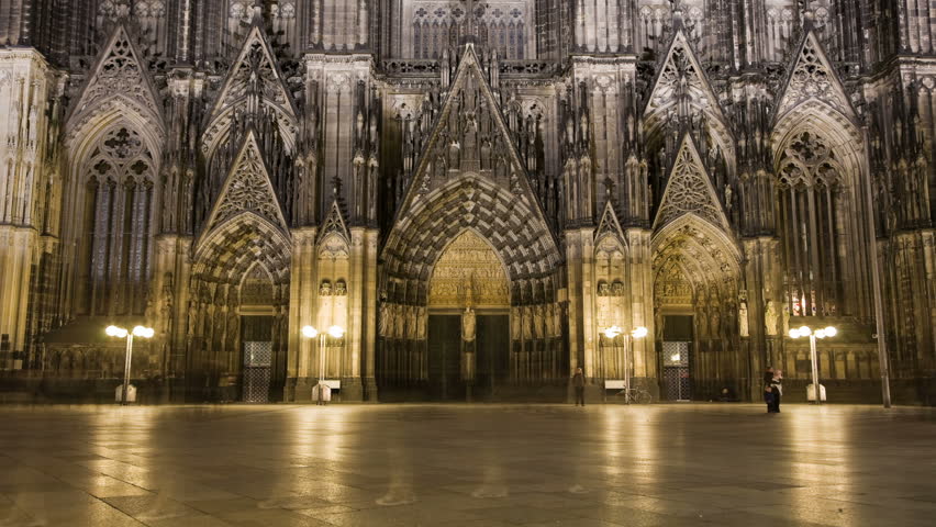 Main portal of Dom in Cologne at night illumination. Time lapse. HD full 1920x1080 30fps shot by high resolution camera, 4:4:4 - no compression, progressive scan, ready for HQ post production.