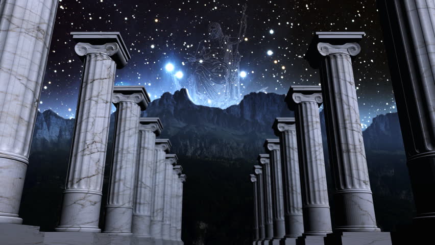 Cosmic scene with greek pillars and the ancient god Zeus