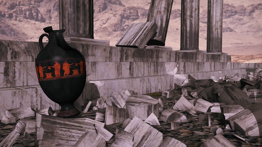 Scene with remains of an ancient greek temple with an old amphora vase