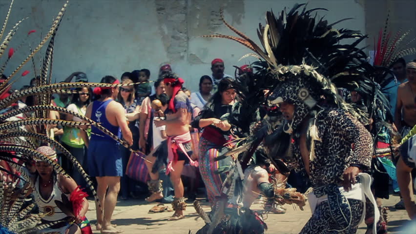MEXICO, IXCATEOPAN - CIRCA FEBRUARY 2012: Aztec dancers in a funeral celebration of Cuauhtemoc. The last Aztec Emperor