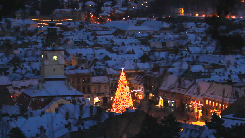 Big Christmas tree in the Council Square of Brasov city lightening the winter night