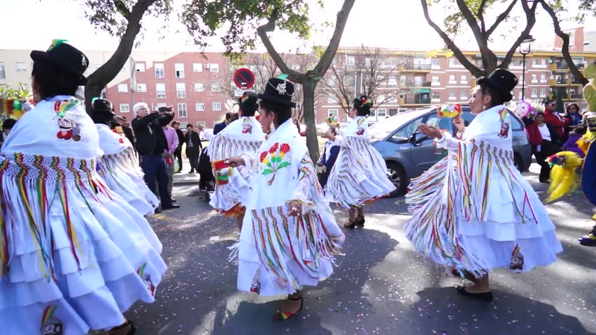 HUELVA, ANDALUSIA, SPAIN - FEBRUARY 10: The Carnival parade of Huelva, procession with people in traditional street, on February 10, 2013 in Huelva, Andalusia, Spain 
