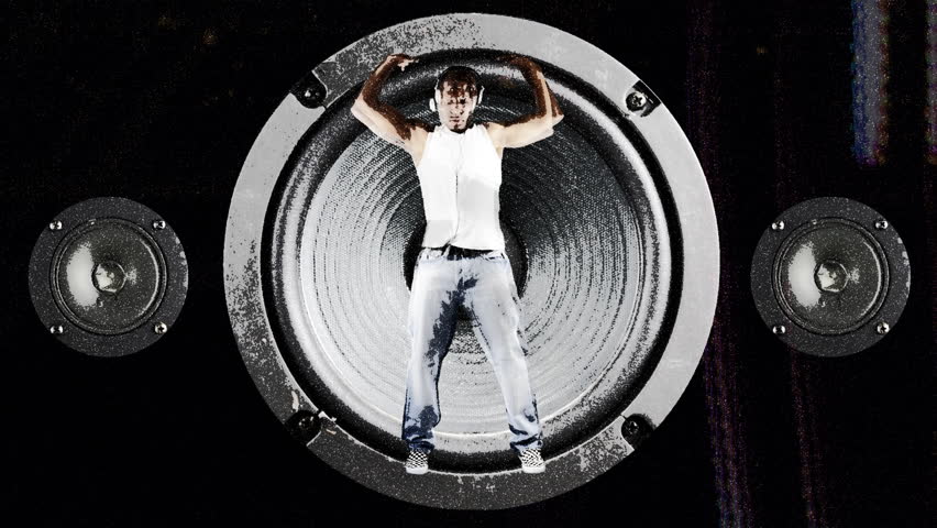young man stuck, dancing in a speaker