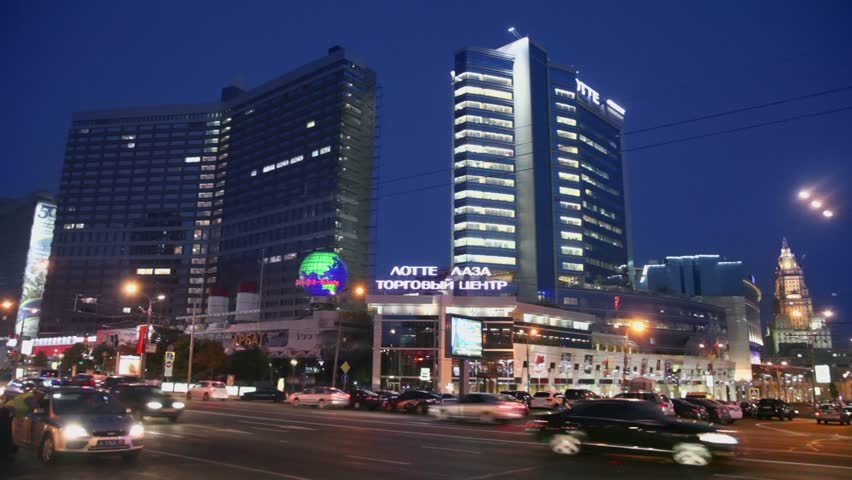 MOSCOW - AUGUST 29: Traffic on New Arbat street near Lotte Plaza trade center at evening on August 29, 2011 in Moscow, Russia. Lotte Plaza trade center height is 21 floor and area amounts 78643 sq.m.