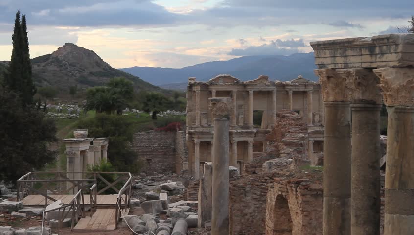 Facade of library and ruins of temple in Ephesus, Turkey