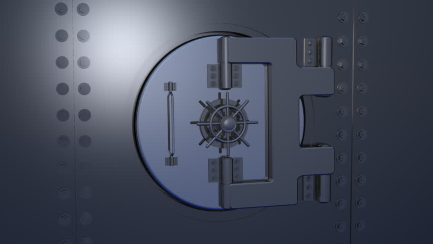 Computer-generated 3D animation depicting a gold dollar symbol inside a bank vault (concept: wealth)