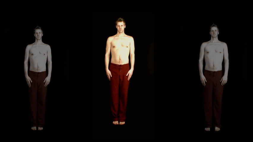 man meditating and doing tai-chi movement, with one of his alter ego on each side