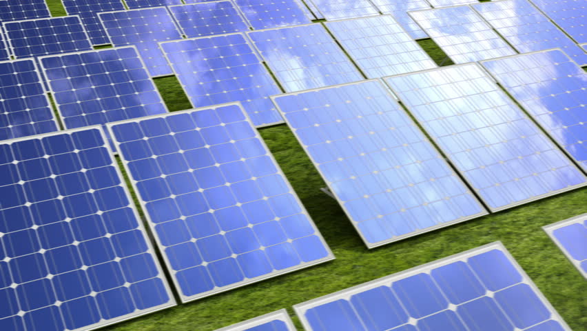 solar panels, sky, sun and three 3d animations in one. Sequence. 
