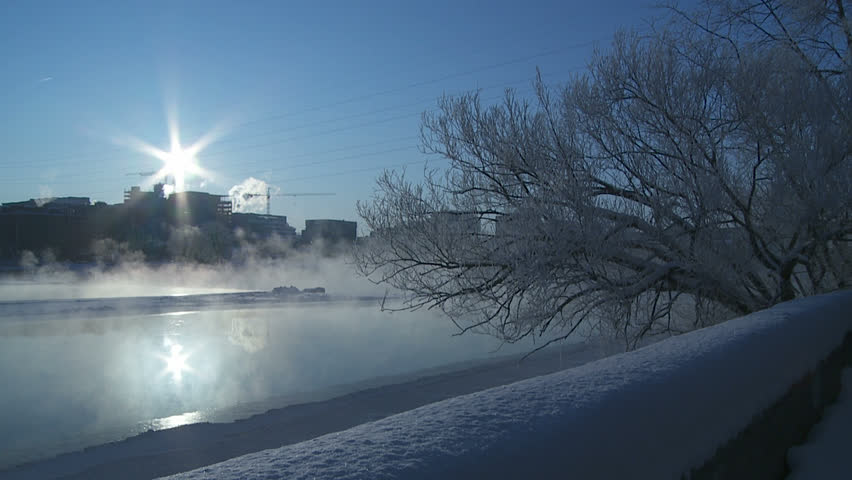 Frosted tree in the foreground next to a frozen steaming river with the city in the background.