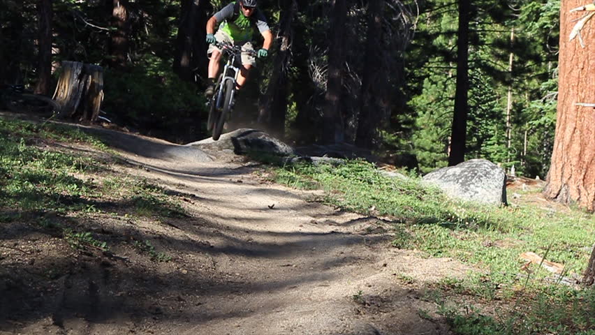 An extreme mountain biker speeds down a bike trail in the forest during the day