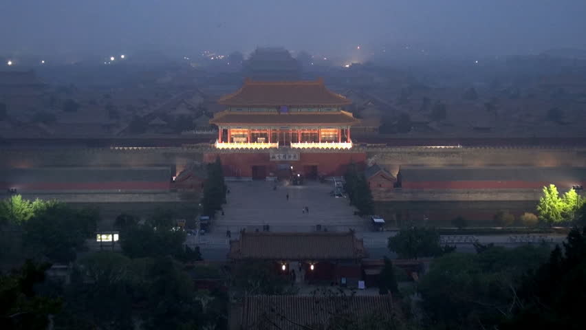 BEIJING, CHINA - APRIL 25, 2012, Fast motion of Aerial view of Forbidden City in twilight