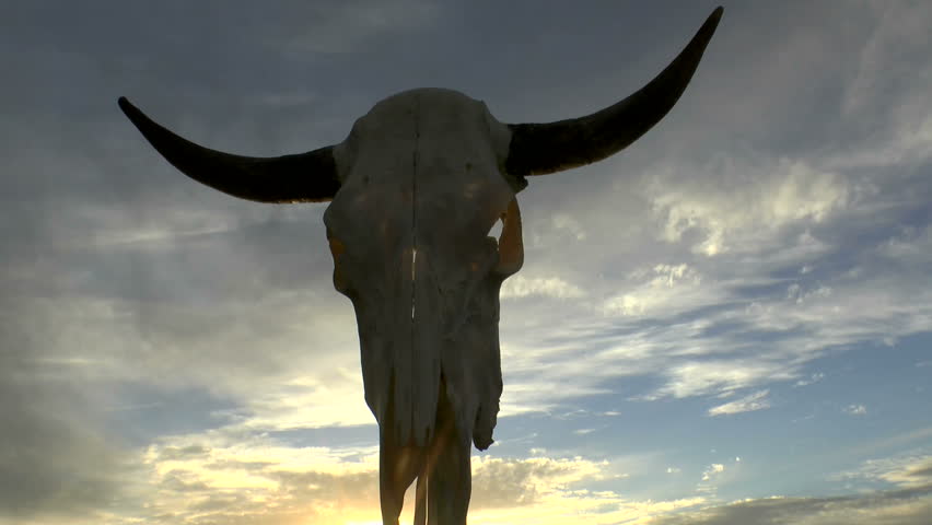 Time Lapse, Blue sky, clouds, swirl to sunset hues, light up horned cow skull eye sockets, cracks in dried bone. 1080p