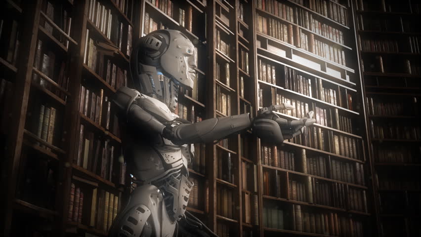 Cool futuristic robot on the background of classical library. Turning camera with particles / Wisdom in books. Revolution begins today