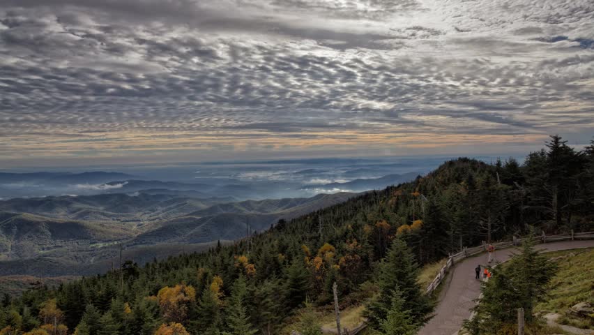 Mount Mitchell Blue Ridge Parkway amazing light clouds panning time-lapse in early fall