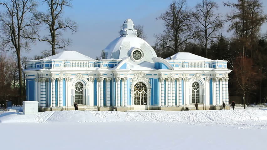 Grotto Pavilion and tourists, taking pictures and visiting it in winter, in Pushkin (Tsarskoye selo), the environ of St. Petersburg, Russia
