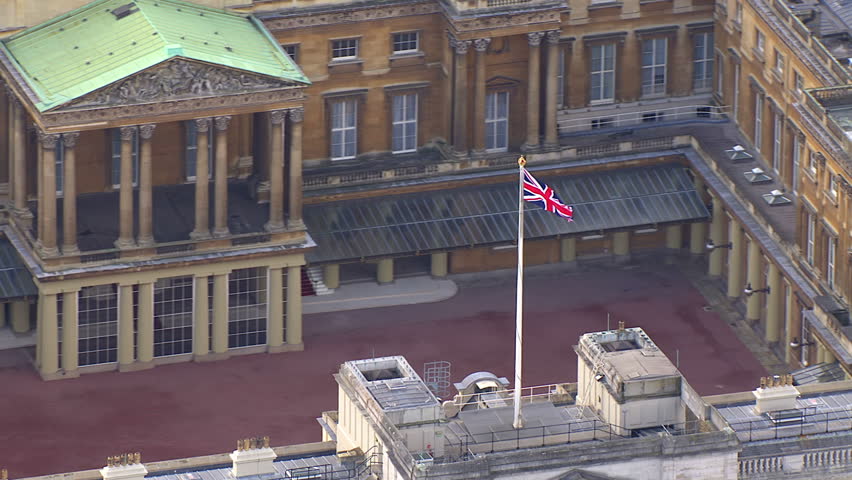 LONDON - NOVEMBER 2012: Aerial view over Buckingham palace, London and the surrounding area. The union flag is being flown to signify that the queen is not in residence. London, UK. 22 November 2012