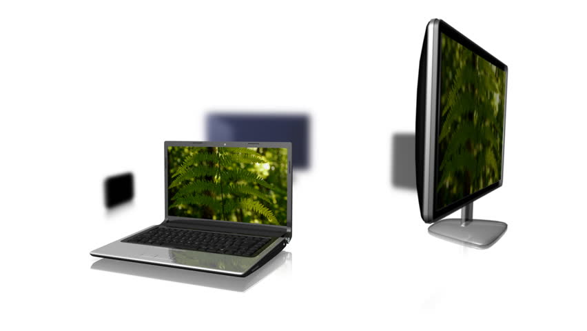 Multiple Platforms - Same Content.
Same video clip playing on a laptop, a pc, a phone, a tv and a tablet computer. Loops. White background. Depth of field blur.
