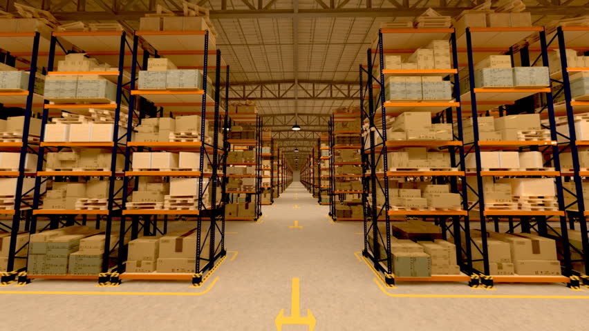 Warehouse interior 3d loopable animation. Camera is moving forward.