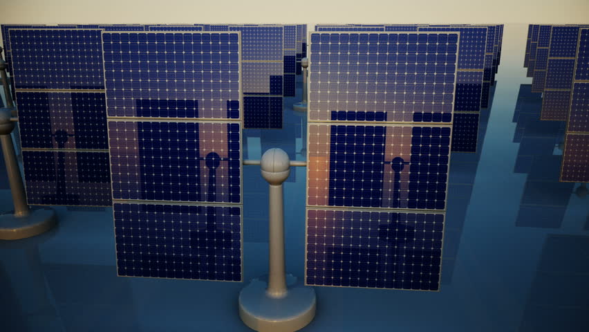 Animation of sunny solar panels in a solar power station. View from top.