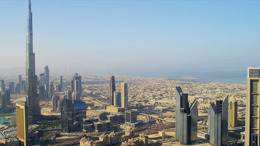DUBAI, UNITED ARAB EMIRATES - November 18, 2012:  Aerial view Burj Khalifa Lake and Burj Khalifa downtown Dubai 