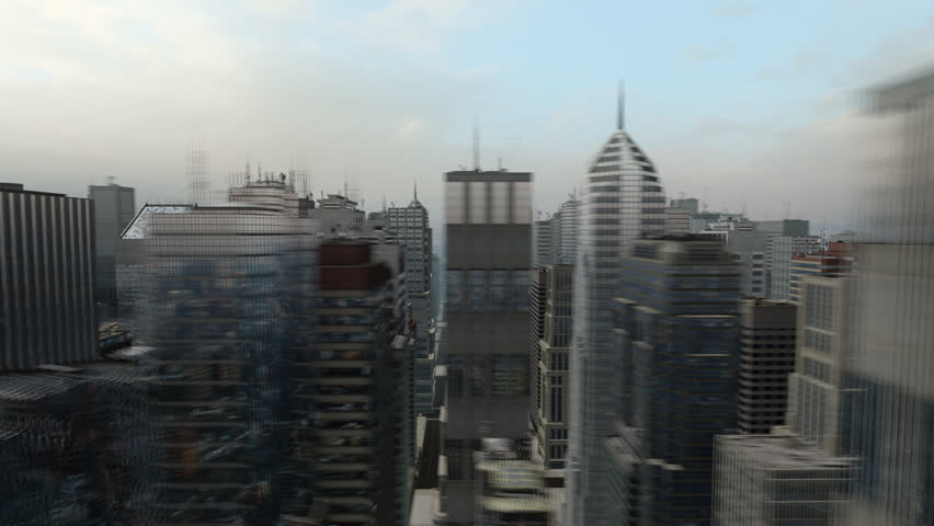 Fast Aerial Flight Around 3D City Skyscrapers Skyline Business Background Seamless Loop HD