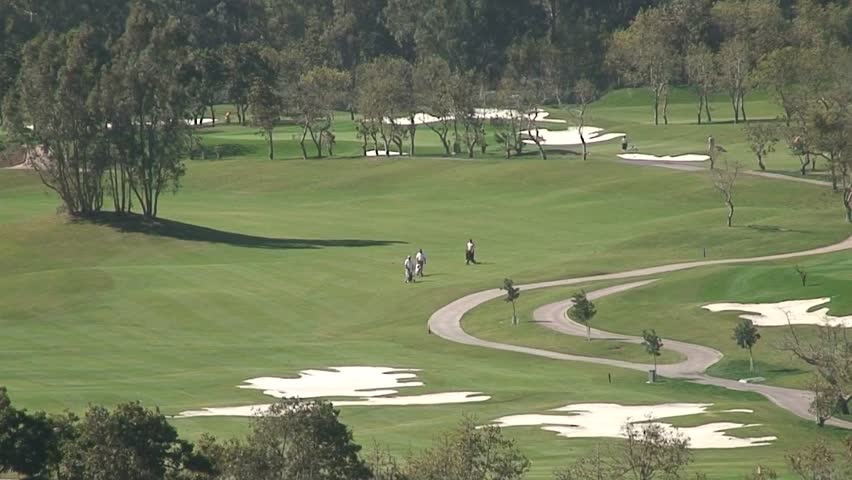 Three men walking down neat fairway on sunny golf course towards the green. High definition.