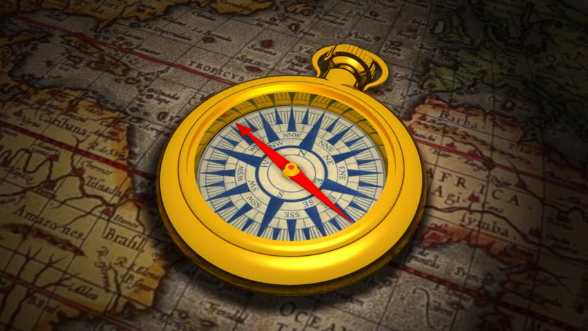 Computer-generated 3D animation depicting a compass and an antique map (concept: exploration, discovery)